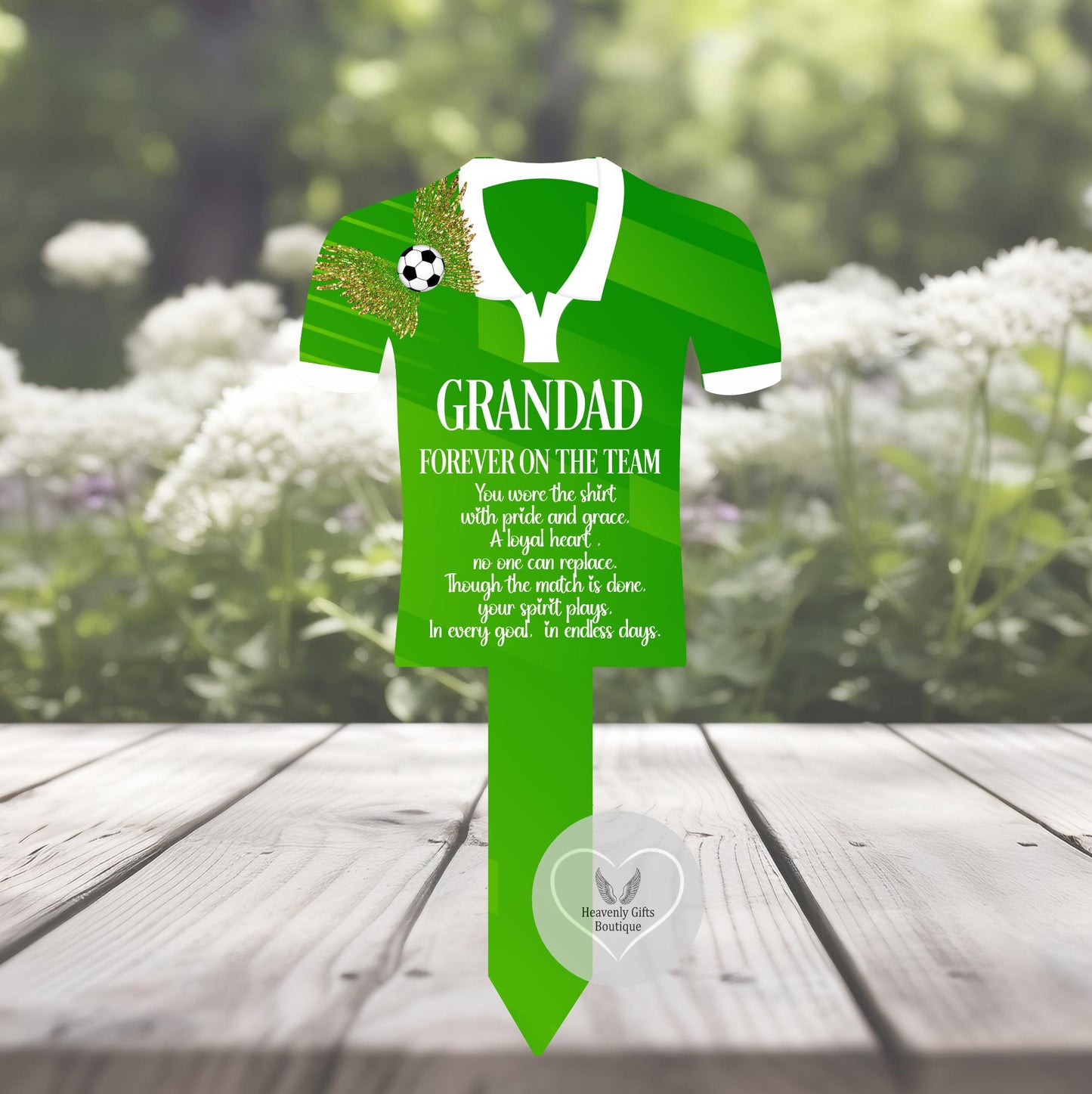 Green personalised football shirt memorial grave marker for Grandad with remembrance poem