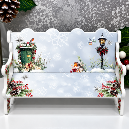 Green post box Christmas remembrance bench with robins and snowy winter design