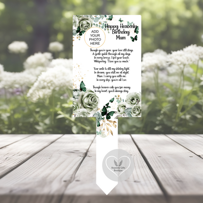 Personalised green rose and butterfly grave marker with treasured photograph