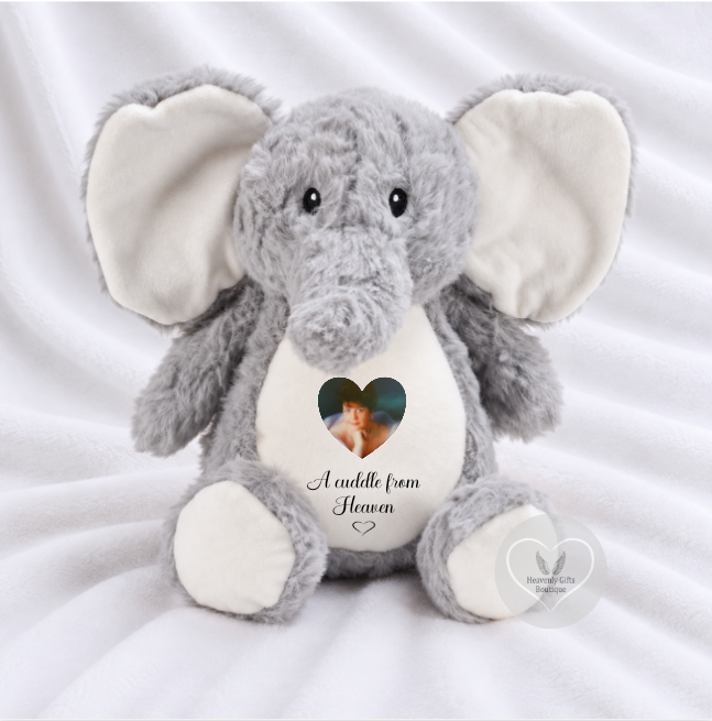 Grey elephant memorial teddy bear personalised with photo and remembrance wording