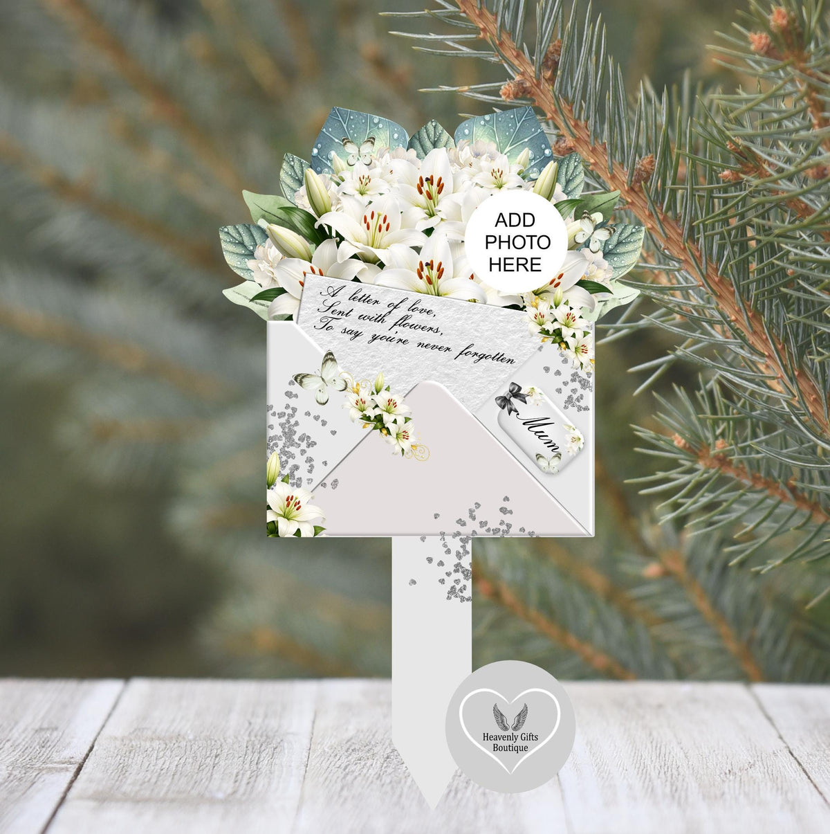 Grey and white floral grave marker personalised in memory of a loved one