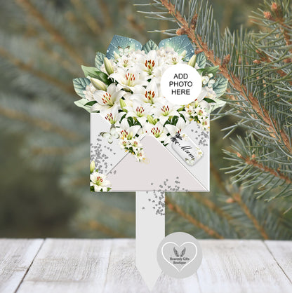 Grey and white memorial flower grave marker with personalised photograph