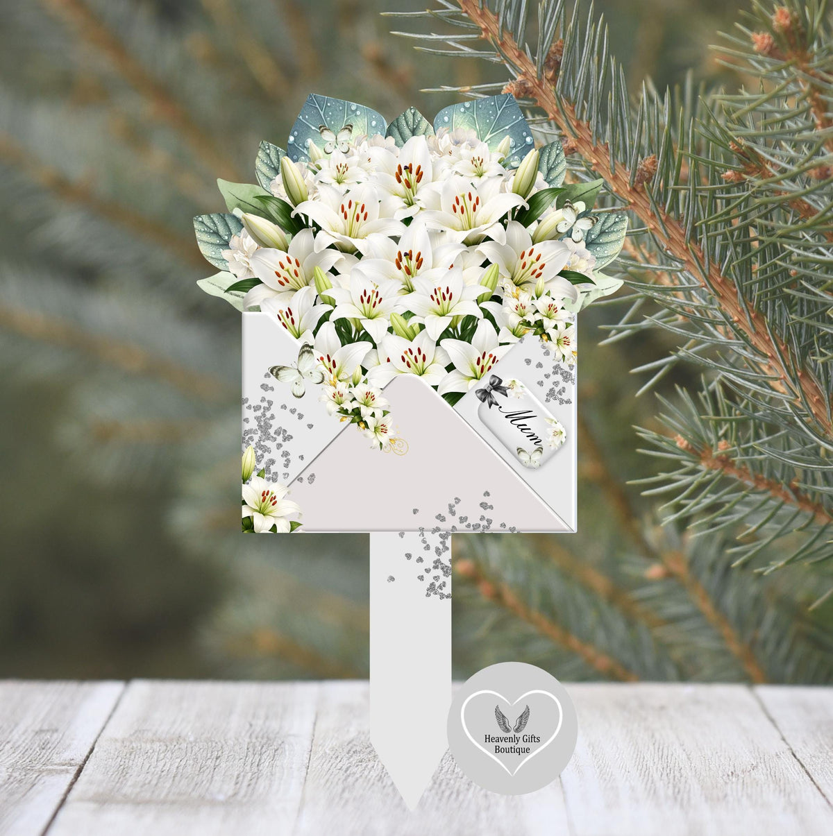 Grey and white flower grave marker for graveside remembrance
