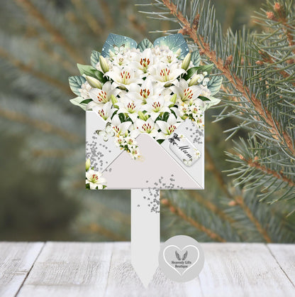 Grey and white flower grave marker for graveside remembrance