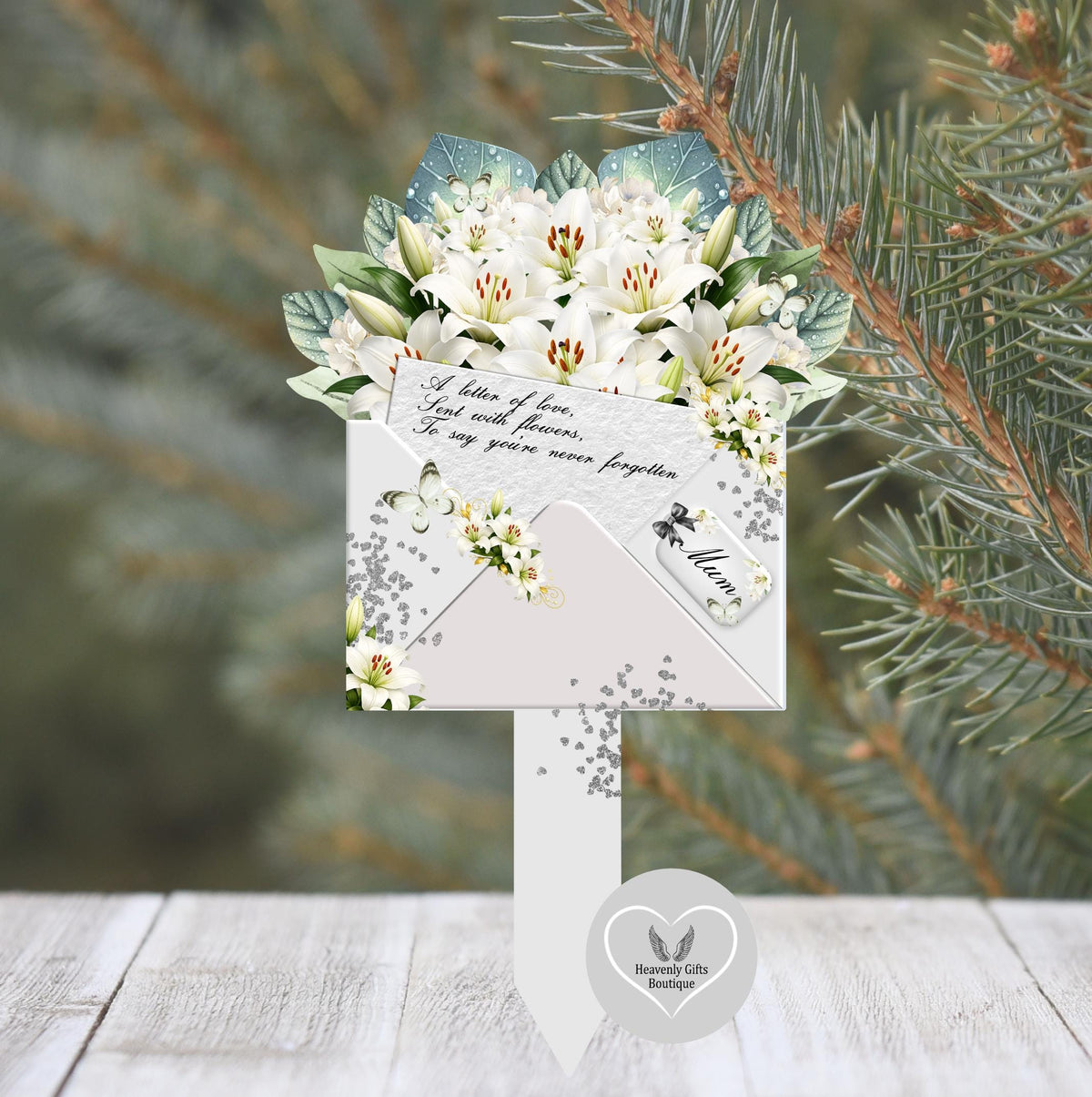 Grey and white memorial bouquet marker for year-round remembrance