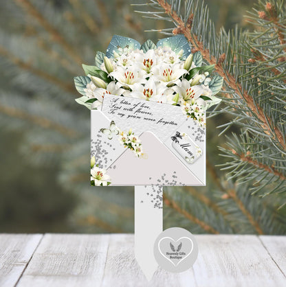 Grey and white memorial bouquet marker for year-round remembrance