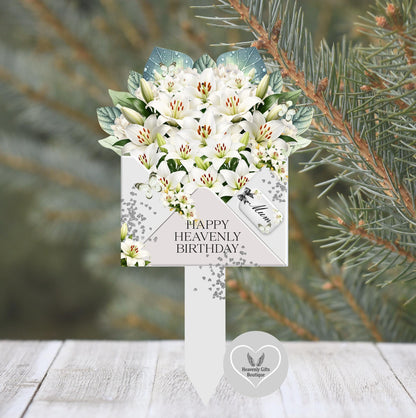 Grey and white memorial flower bouquet grave marker for a loved one