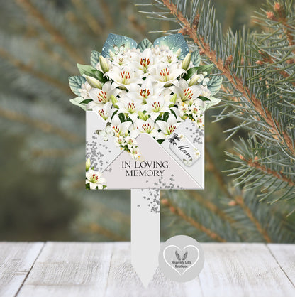 Grey and white memorial marker with remembrance wording and photo option