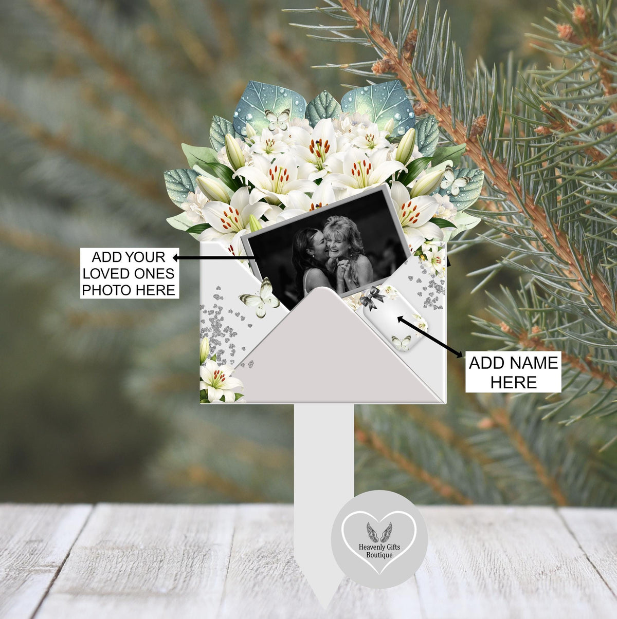 Personalised grey and white grave marker with floral memorial design