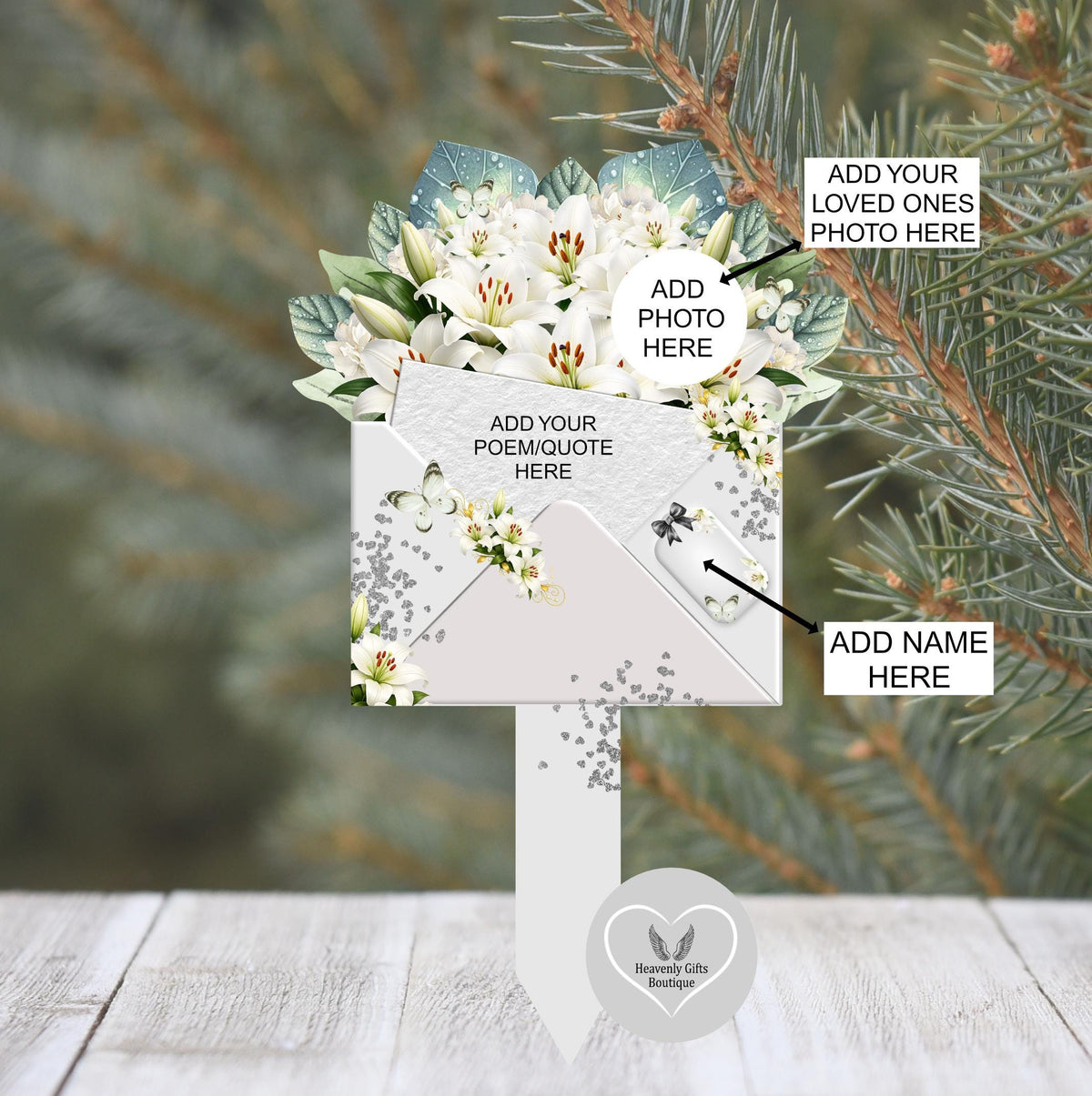 Grey and white remembrance flower marker for a grave or memorial garden