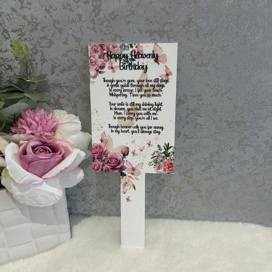 Happy Heavenly Birthday Mum memorial grave marker with pink roses and butterflies