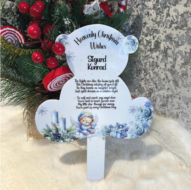 Heavenly Christmas teddy bear memorial grave marker for a baby or child