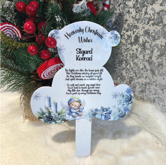 Heavenly Christmas teddy bear memorial grave marker for a baby or child