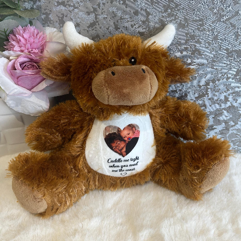 Personalised Highland Cow memory bear photo keepsake