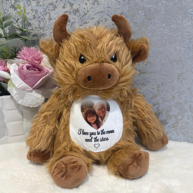 Highland Cow photo memory bear personalised with memorial photograph and wording