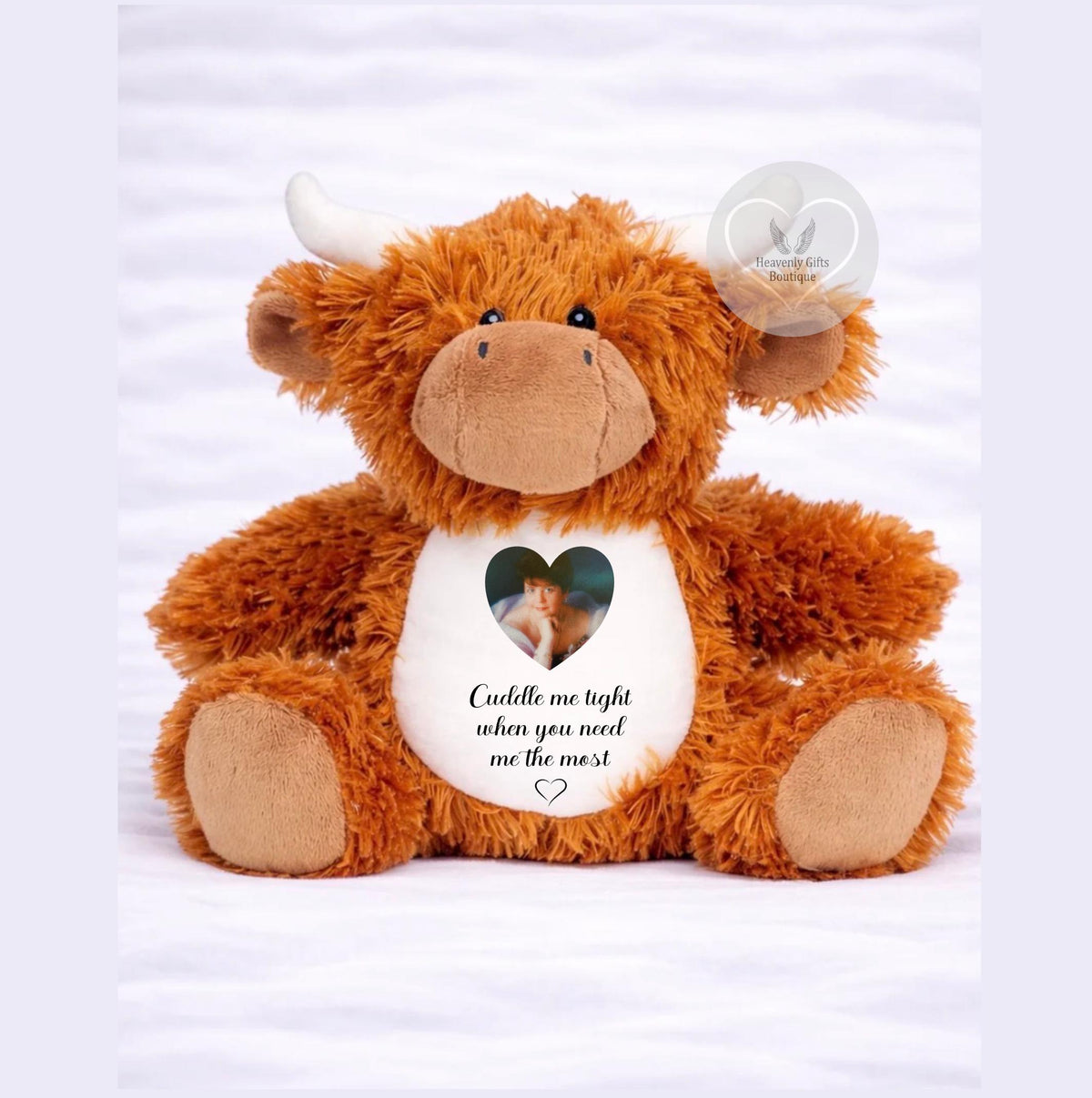 Highland Cow remembrance teddy bear personalised with photograph