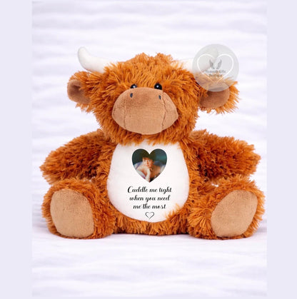 Highland Cow remembrance teddy bear personalised with photograph