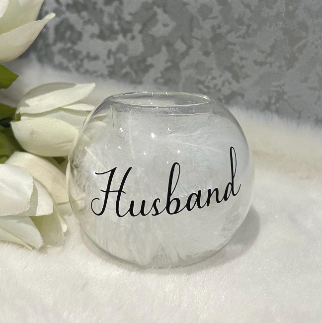 Personalised memory feather glass tealight holder with Husband wording