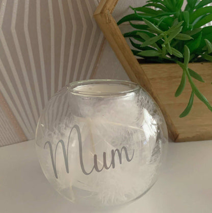 Memory Feather Filled Glass Tealight Holder In Memory Of Gift