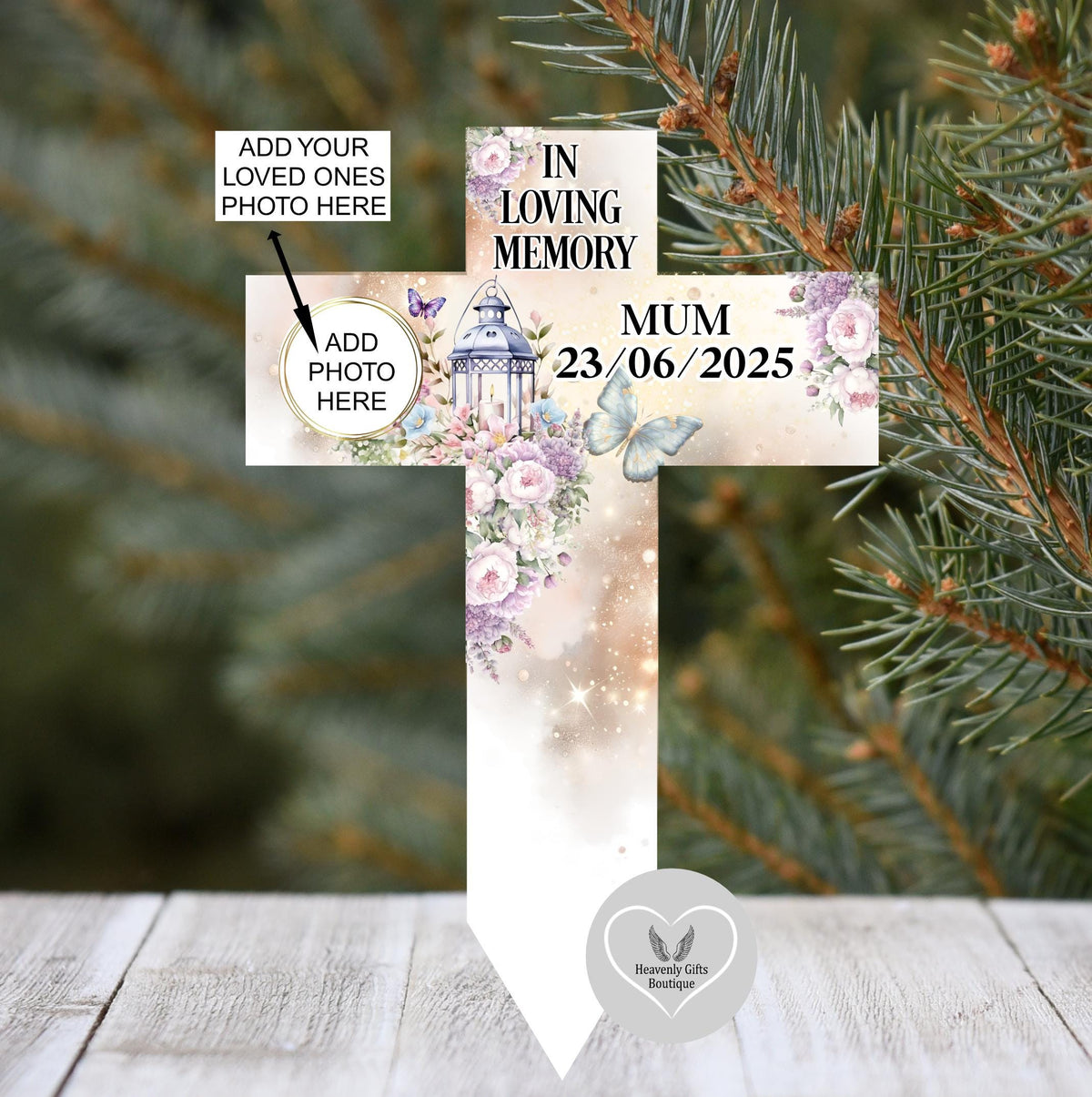 In Loving Memory floral cross grave marker for a loved one