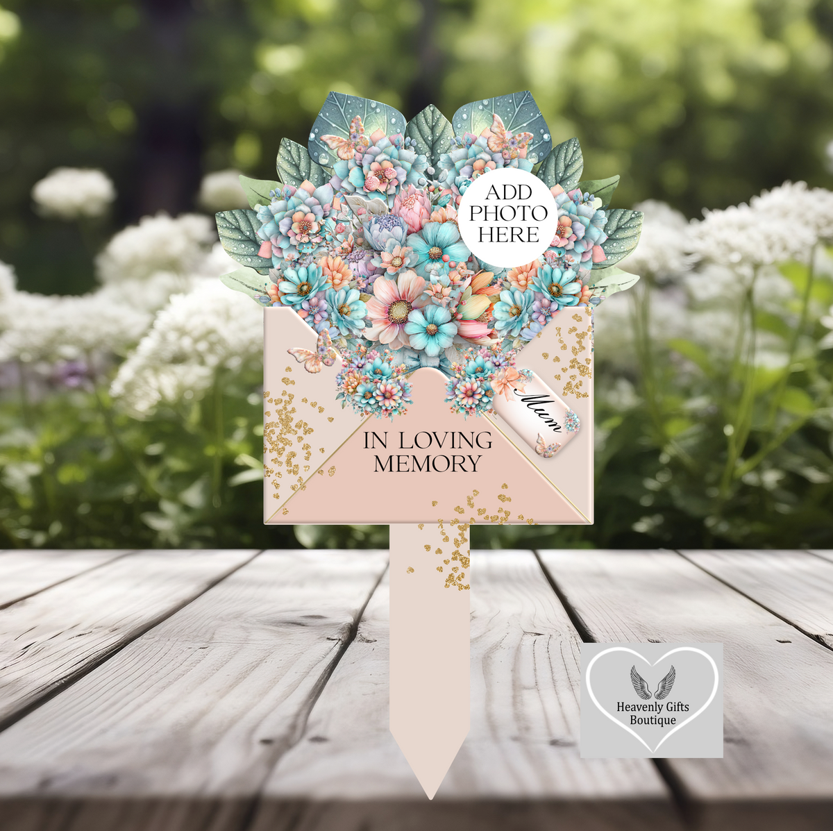 In Loving Memory flower bouquet grave marker with photograph