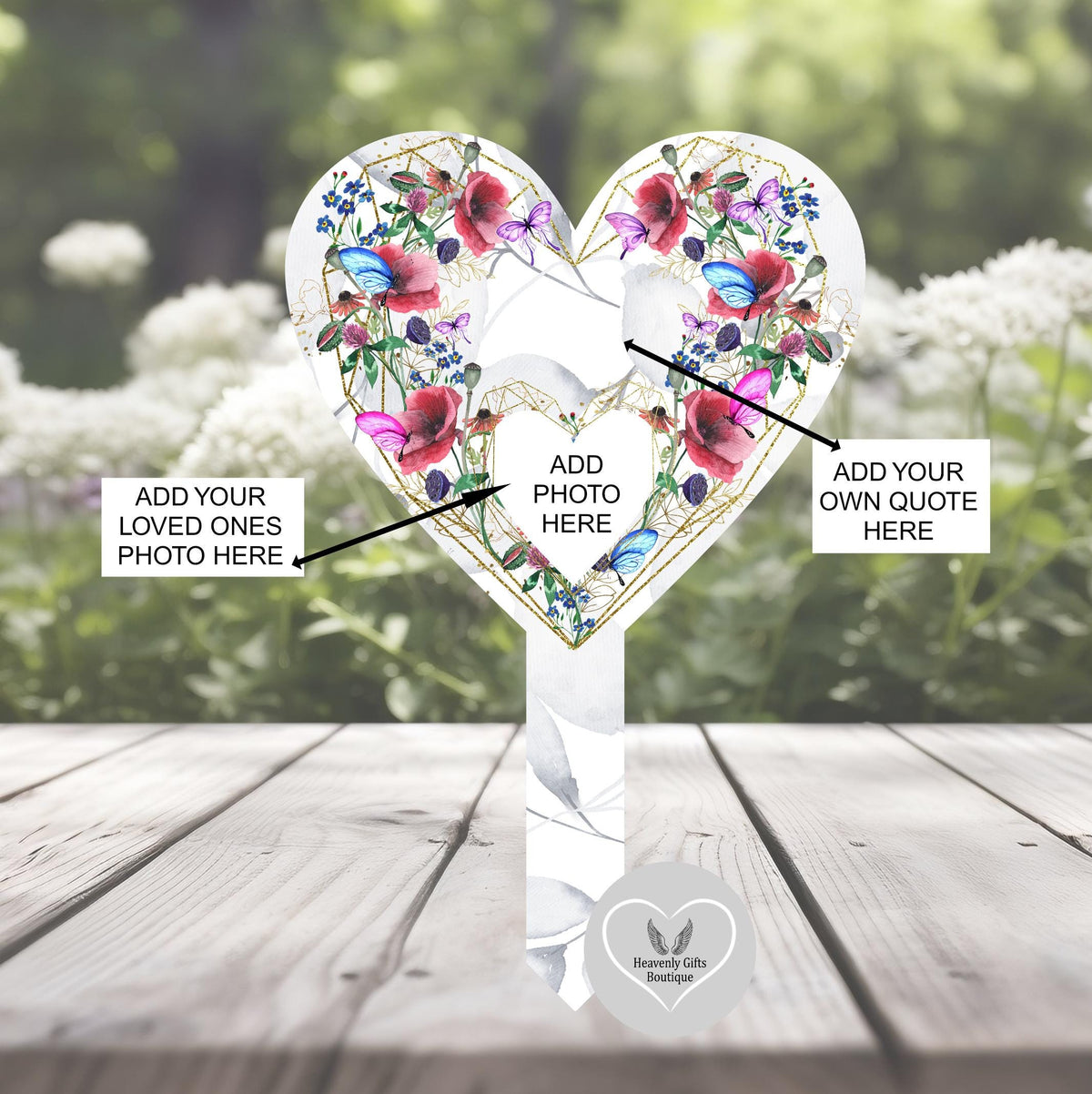 In Loving Memory heart grave marker with red poppies and butterflies