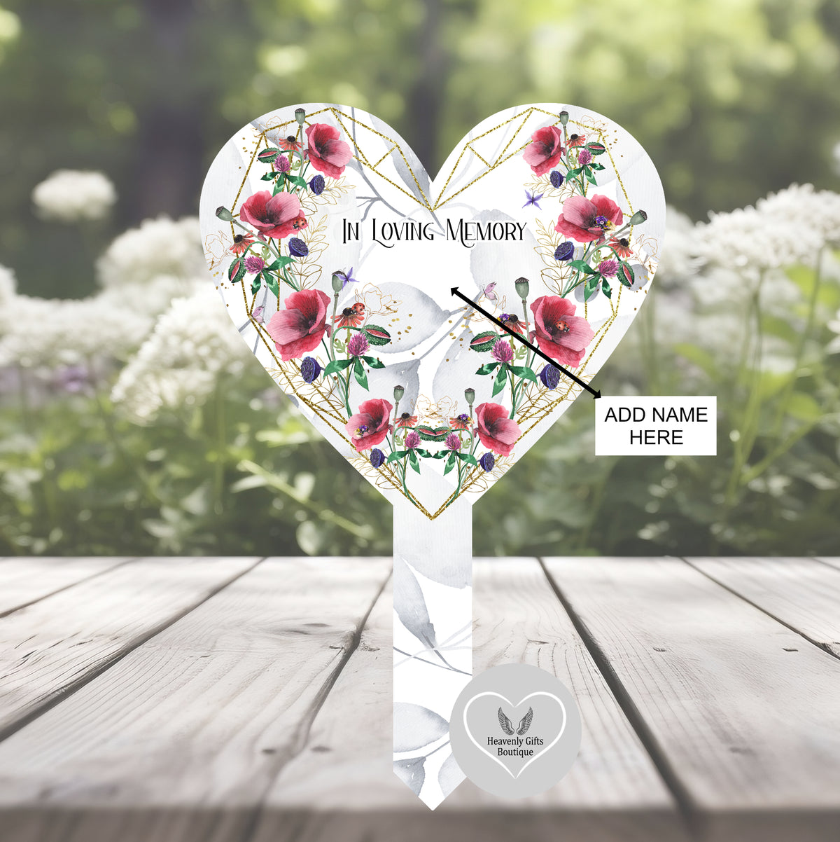 In Loving Memory poppy heart grave marker with red floral design