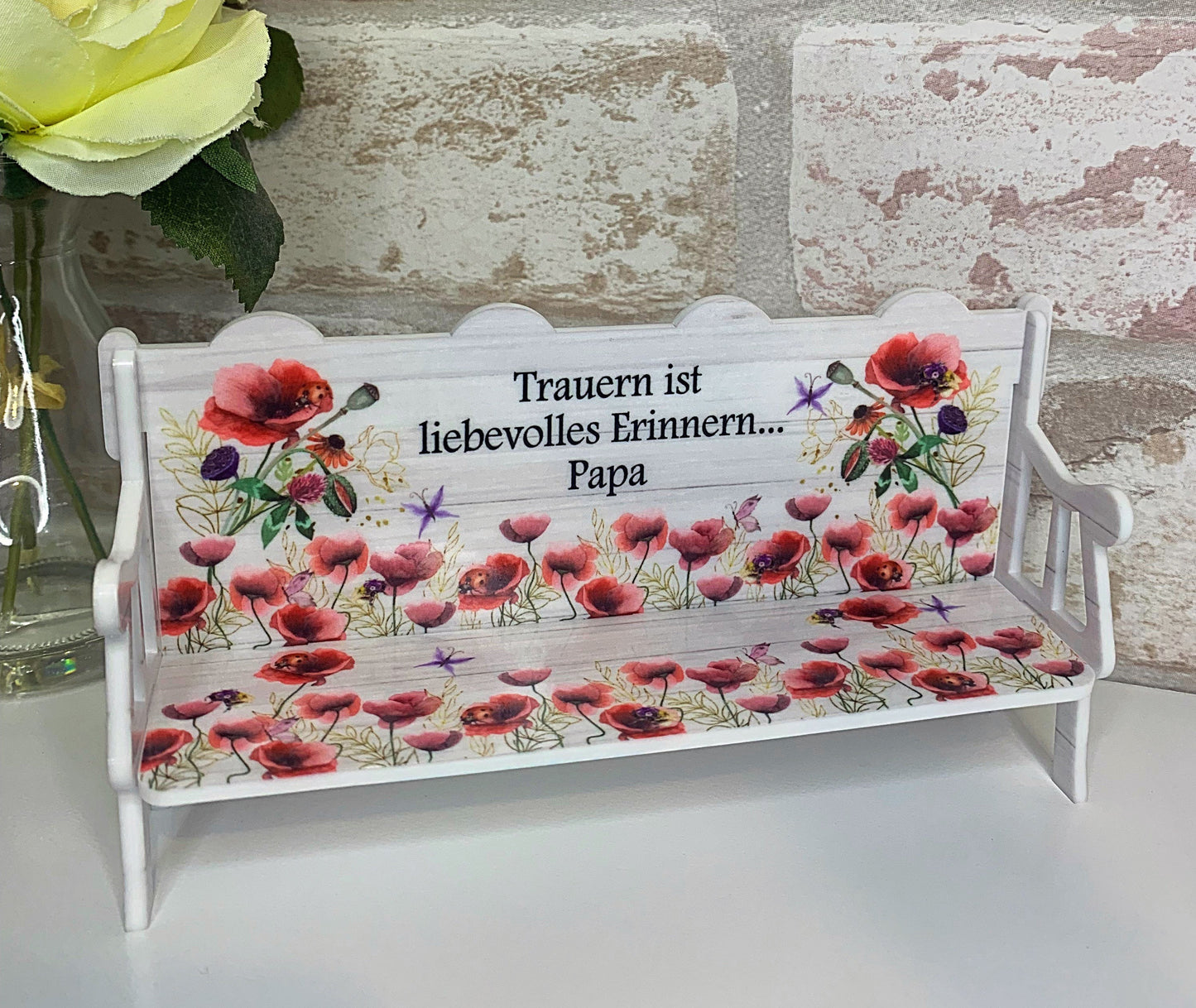 In Loving Memory poppy memorial bench keepsake personalised for a loved one