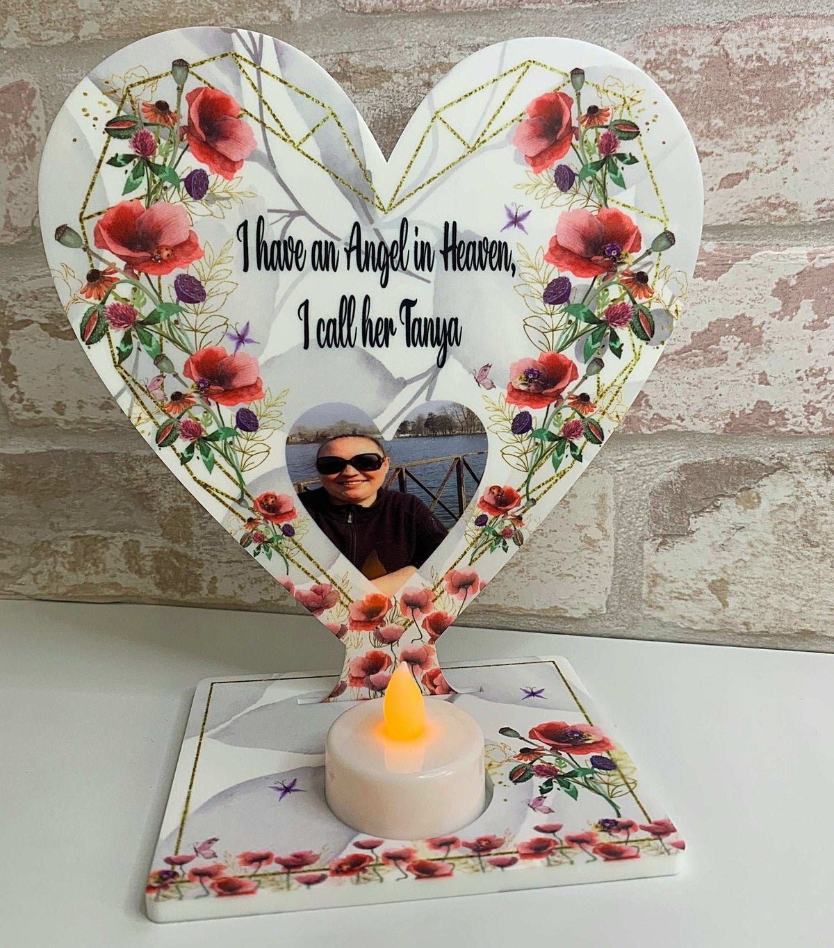 In Loving Memory poppy tealight heart plaque personalised for a loved one