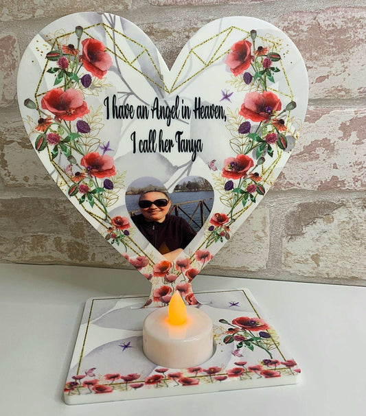 In Loving Memory poppy tealight heart plaque personalised for a loved one
