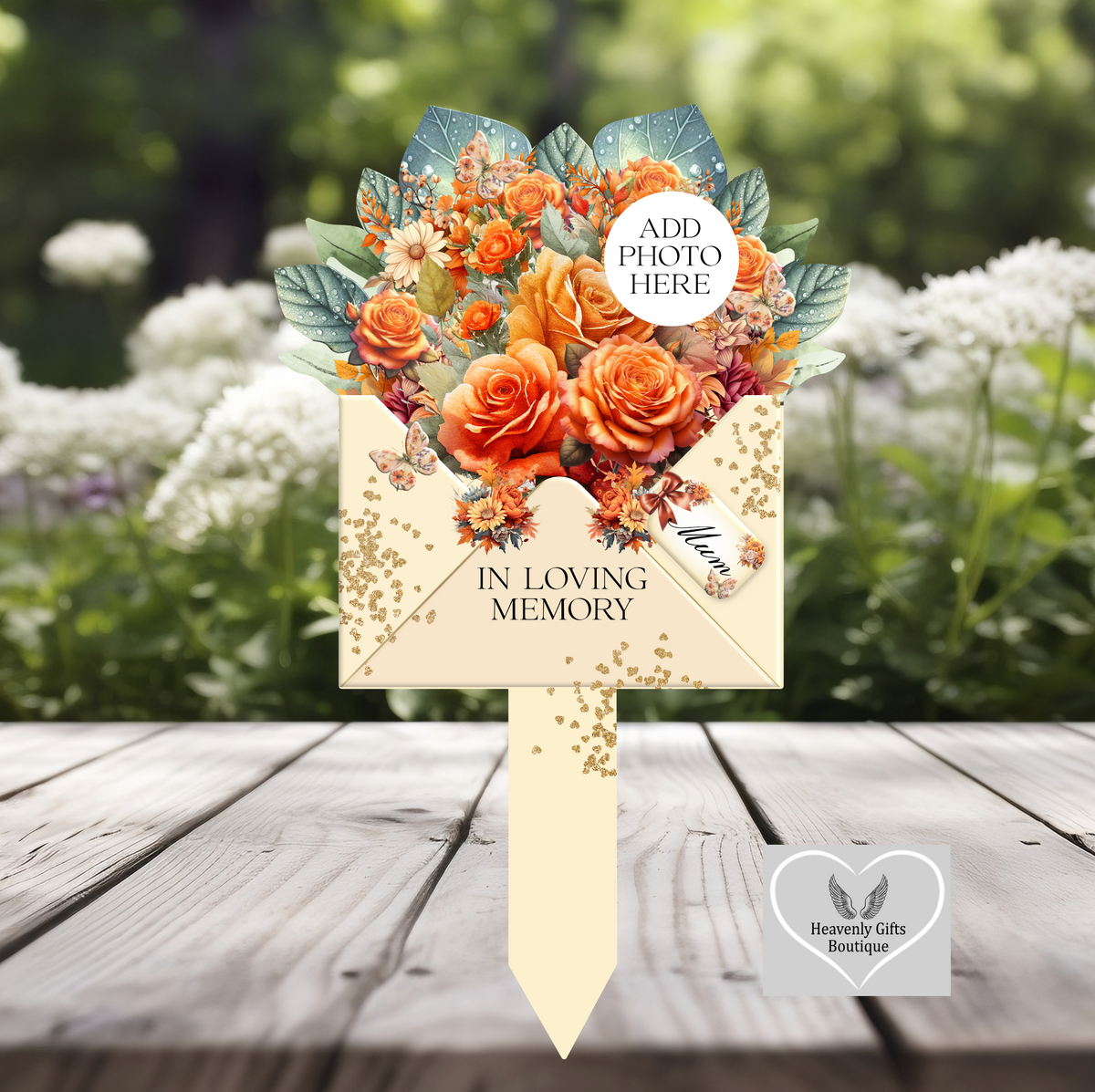 In Loving Memory rose bouquet grave marker with photograph