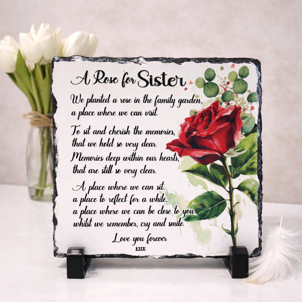 In Loving Memory rose memorial slate with remembrance poem