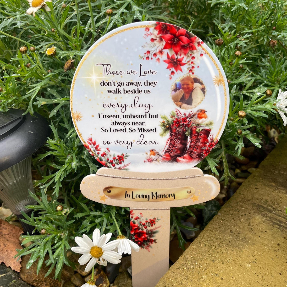 In Memory Christmas snow globe memorial grave marker