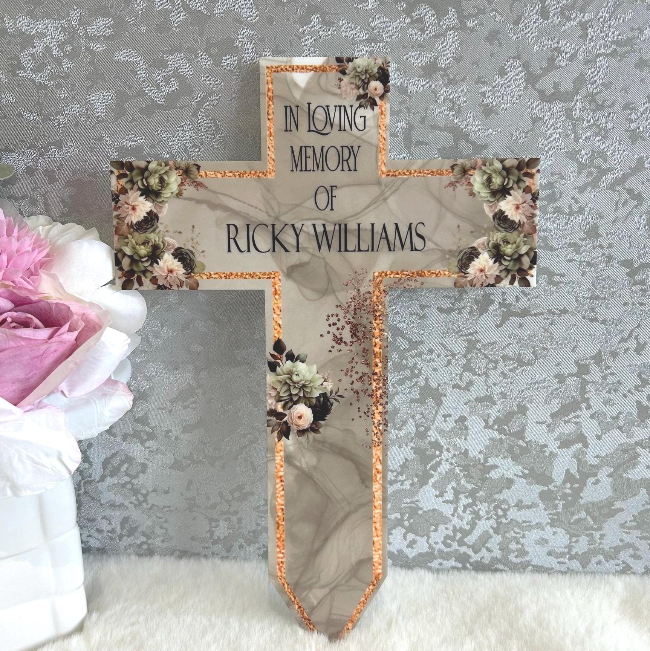 Green personalised in memory cross grave marker for a loved one