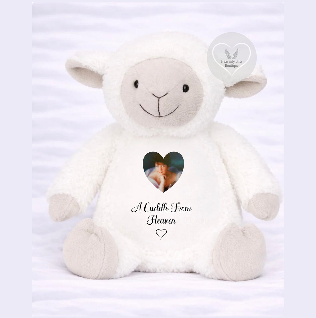 Lamb remembrance teddy bear personalised with photograph