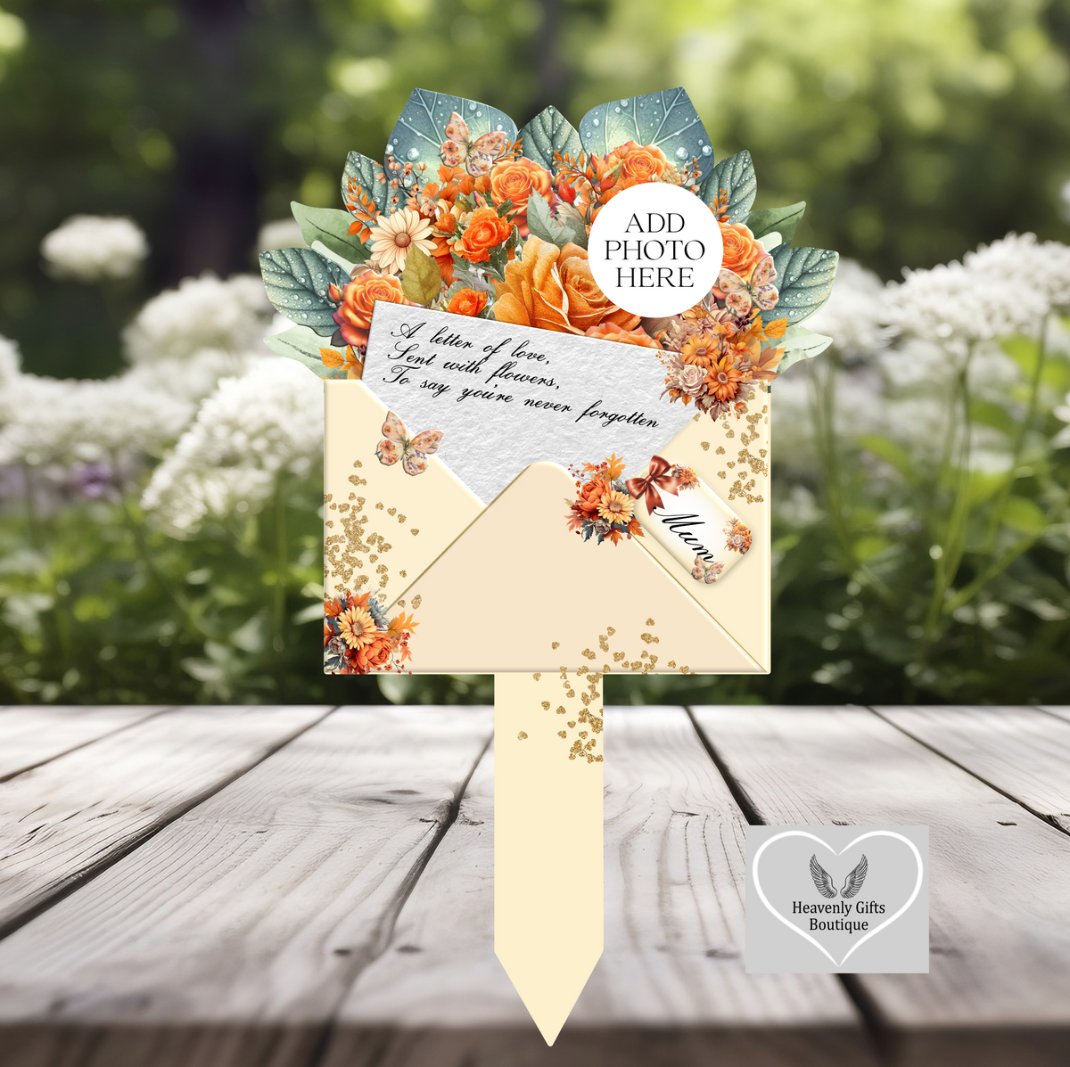 Letter to Heaven rose bouquet memorial grave marker with photograph