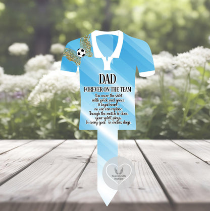 Light blue personalised football shirt memorial grave marker for Dad with remembrance poem