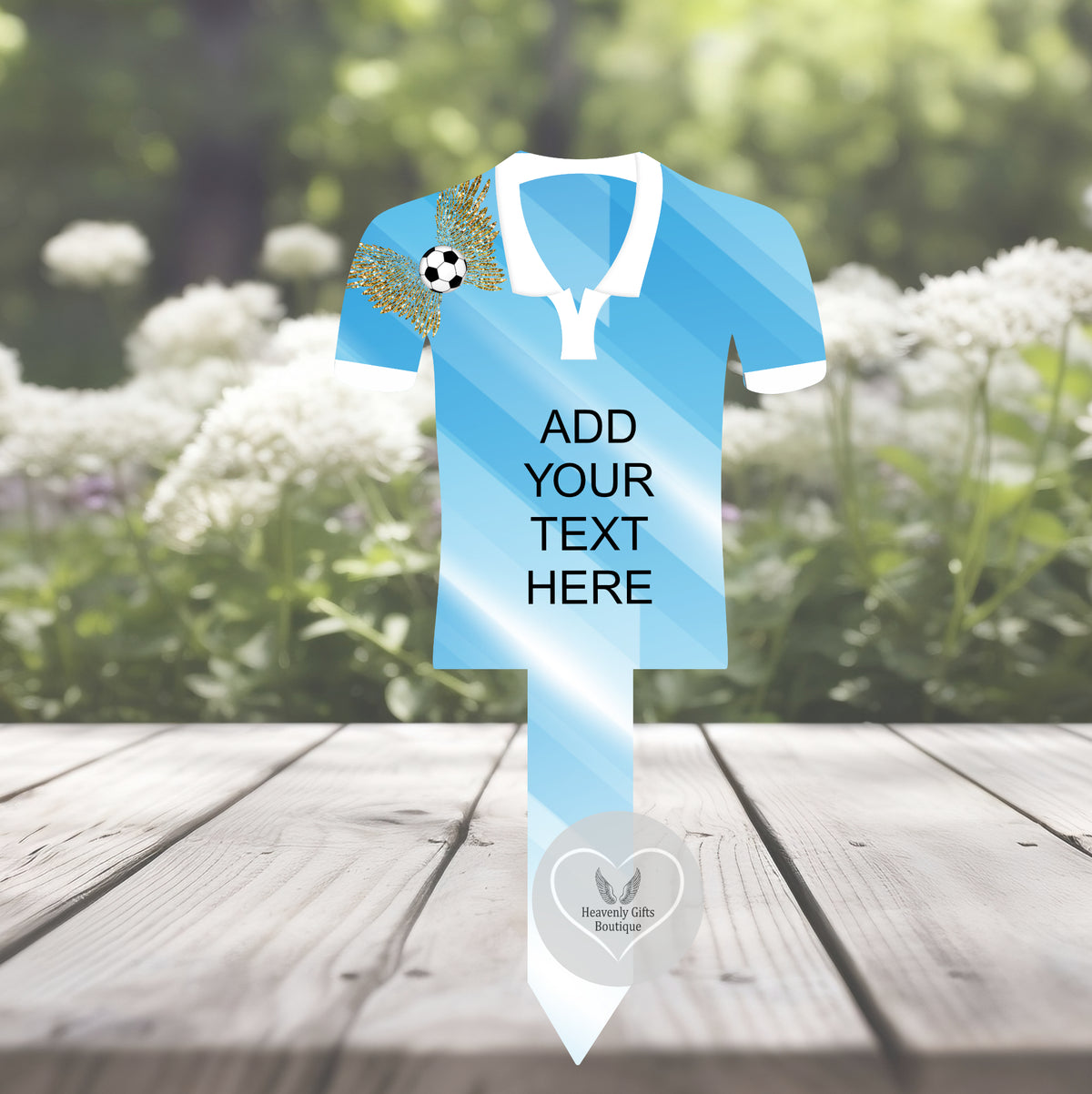Light blue football shirt memorial grave marker showing the custom wording option