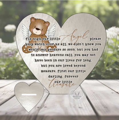 Neutral Little Angel memorial heart plaque with matching heart-shaped stand