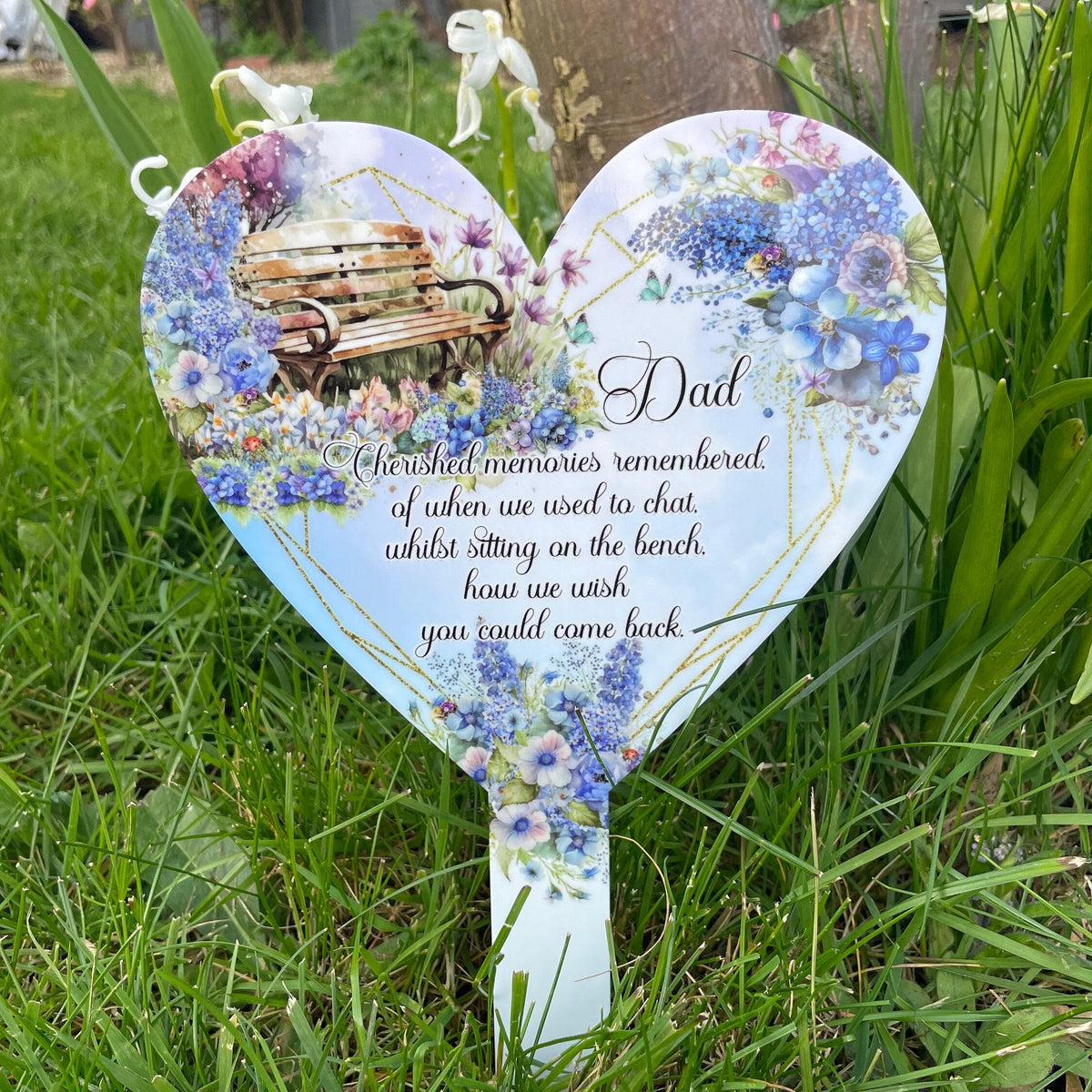 Personalised Memorial Bench heart grave marker with peaceful flower bench design