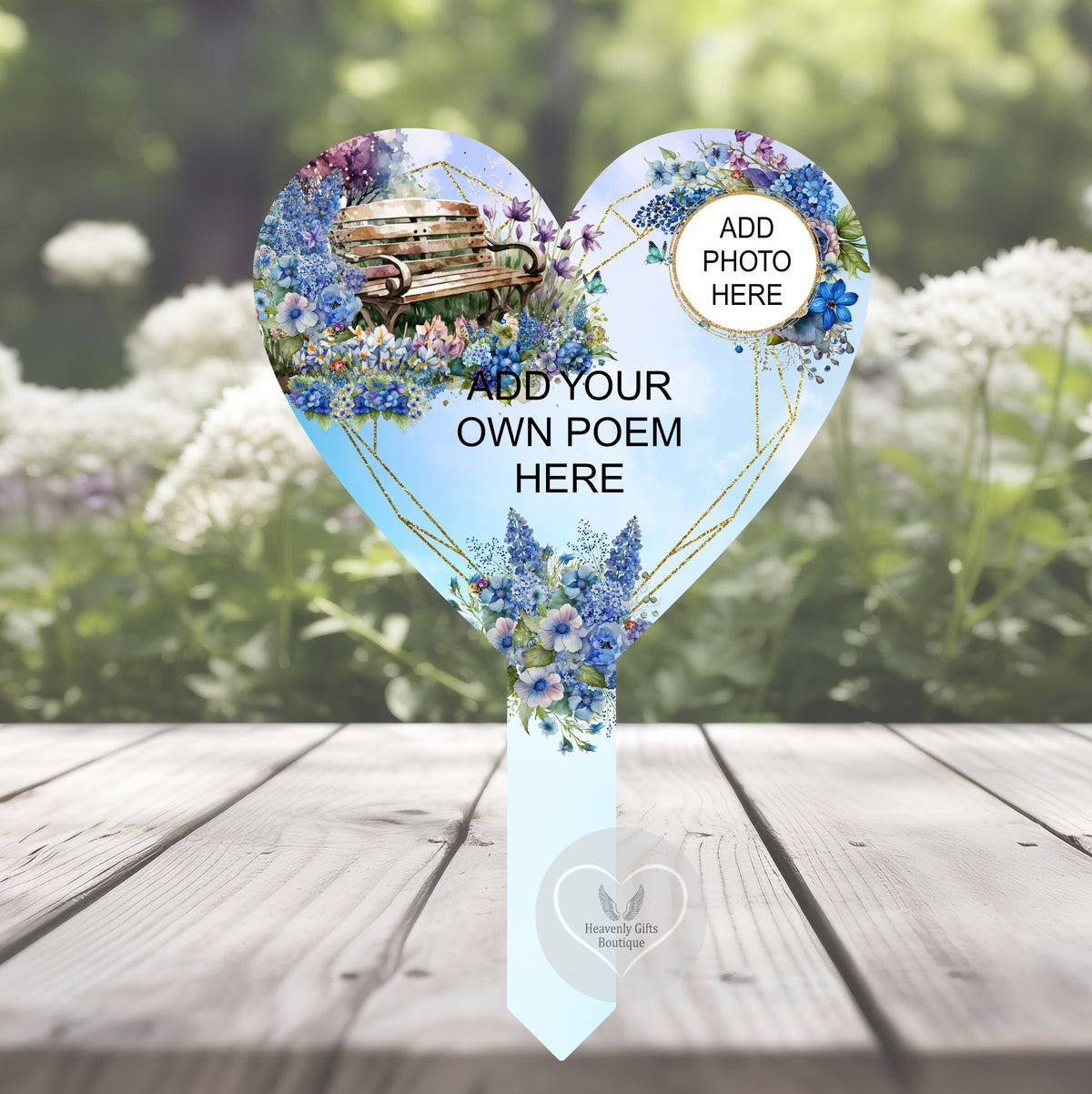 Personalised Memorial Bench heart grave marker with a treasured photograph