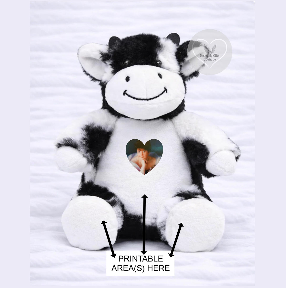 Personalised memorial cow plush gift with photo name and special message