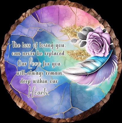 Memorial feather wood slice personalised with your own special wording