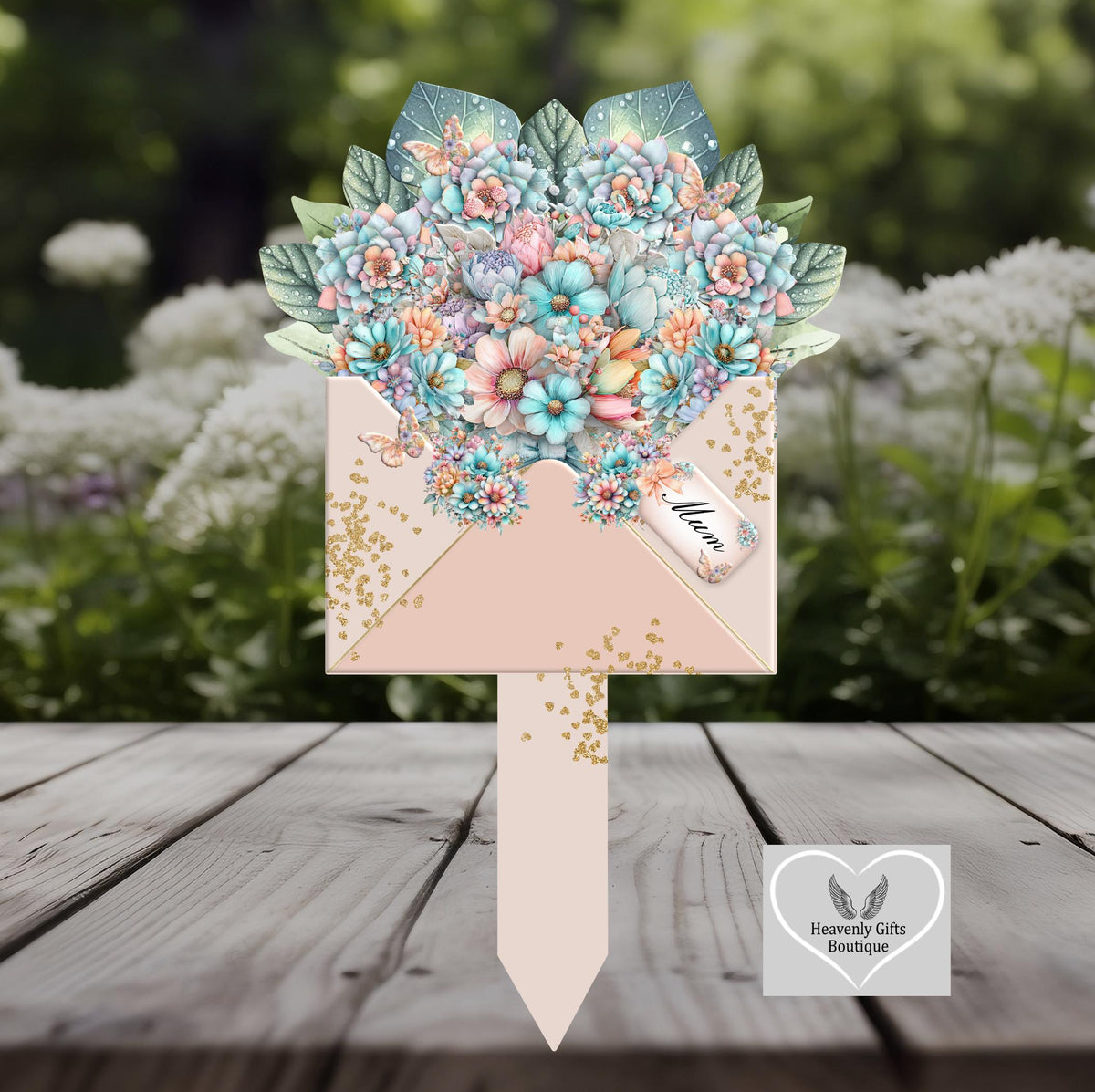 Memorial flower bouquet grave marker with personalised wording