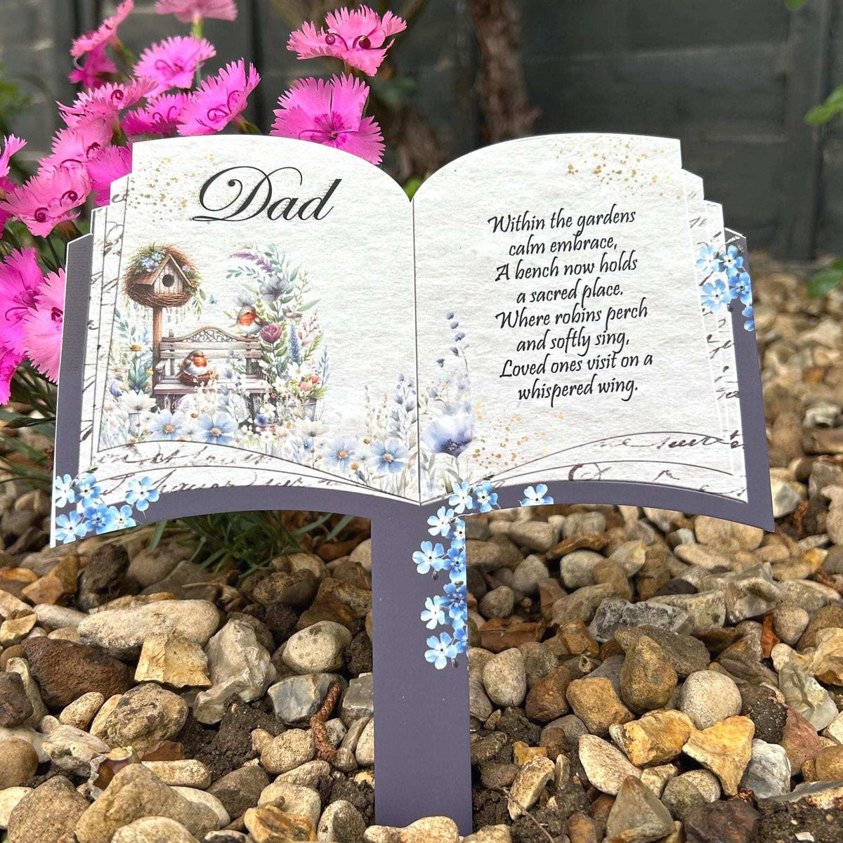 Personalised Memorial Robin open book grave marker with blue flowers, bench and robins