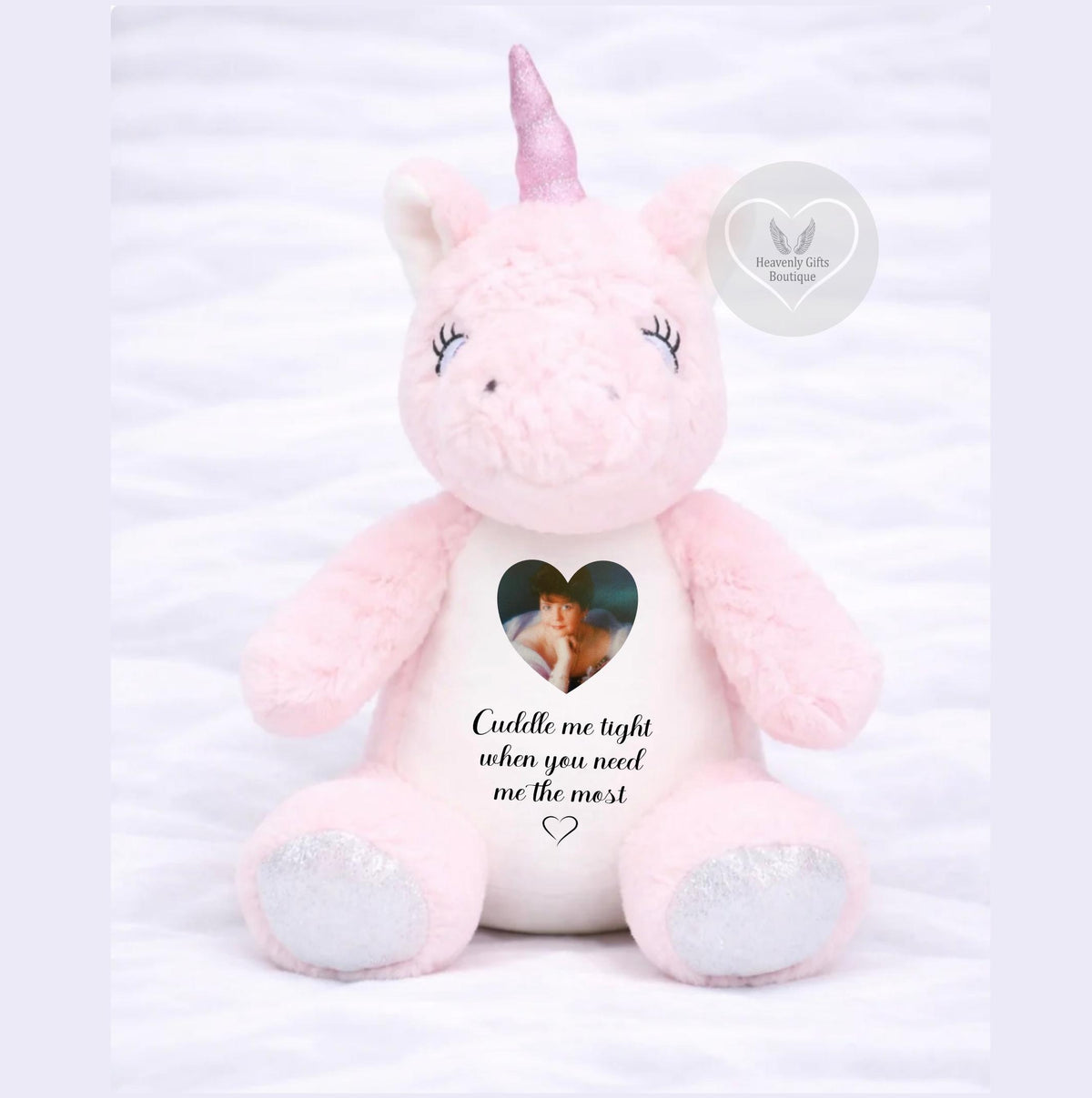 Memorial unicorn teddy bear with A Cuddle From Heaven design