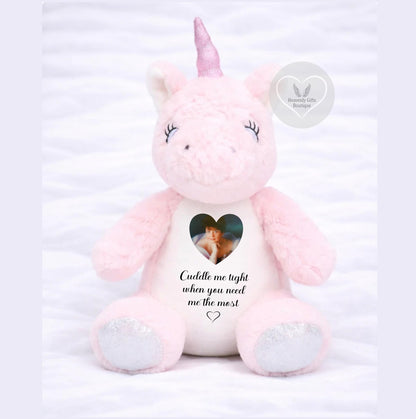 Memorial unicorn teddy bear with A Cuddle From Heaven design