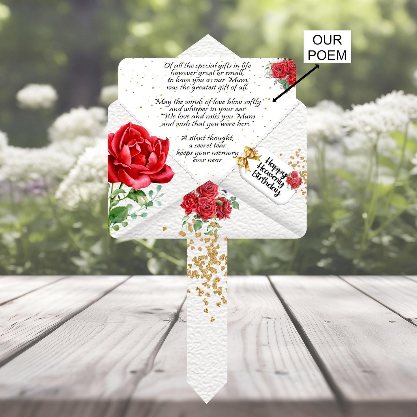 Decorative letter with red roses and text for mum on her birthday or anniversary in heaven