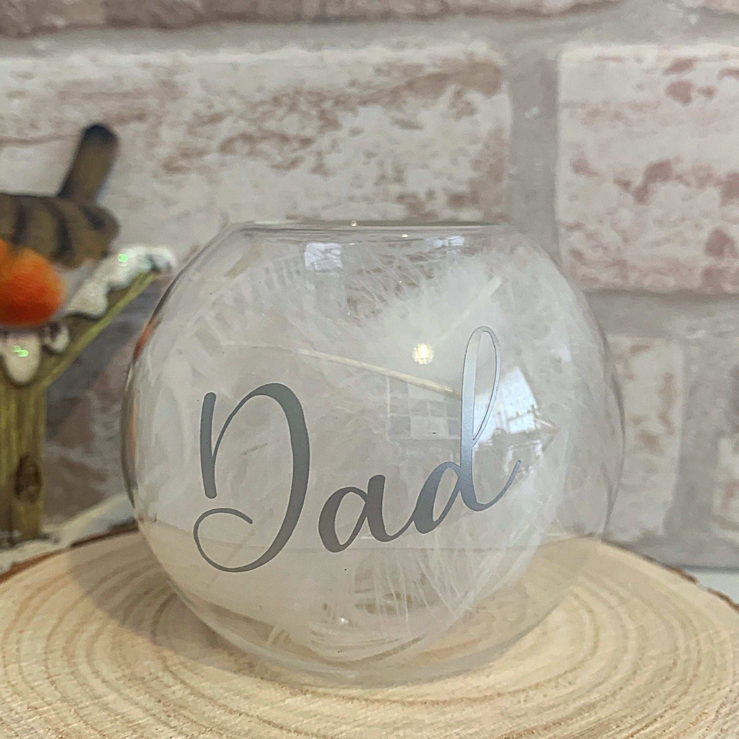 Memory feather filled glass tealight holder personalised with a name