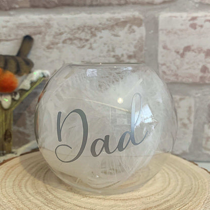 Memory feather filled glass tealight holder personalised with a name